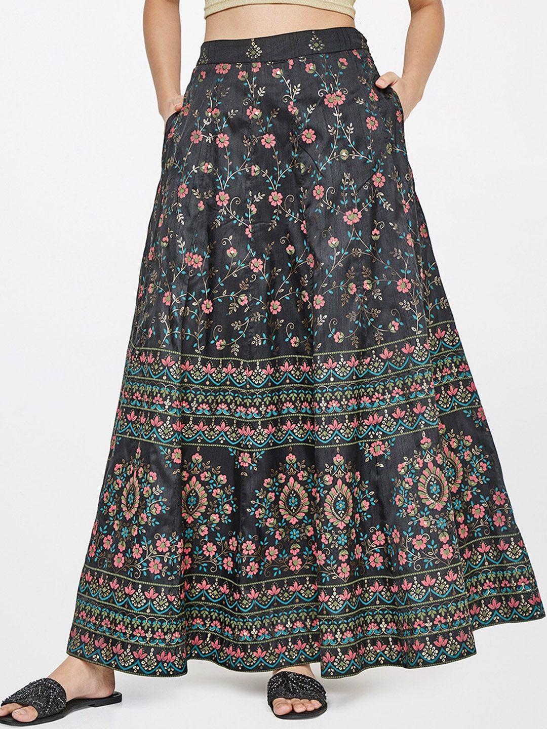 global desi women black printed a-line maxi skirt