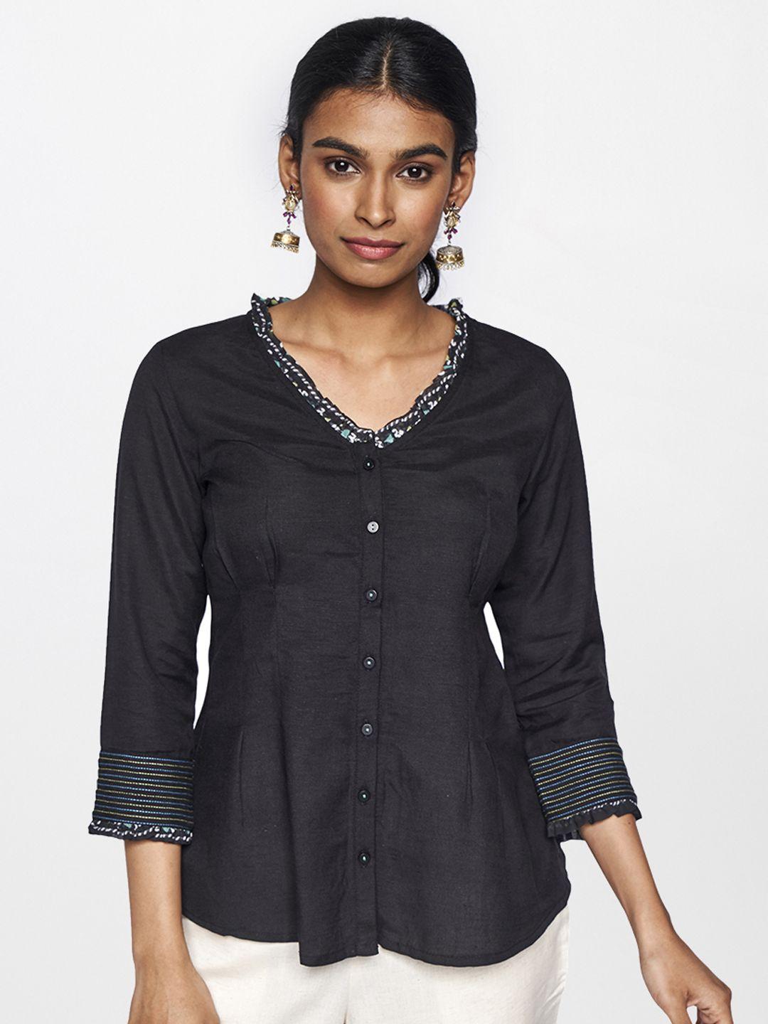 global desi women black solid shirt style top