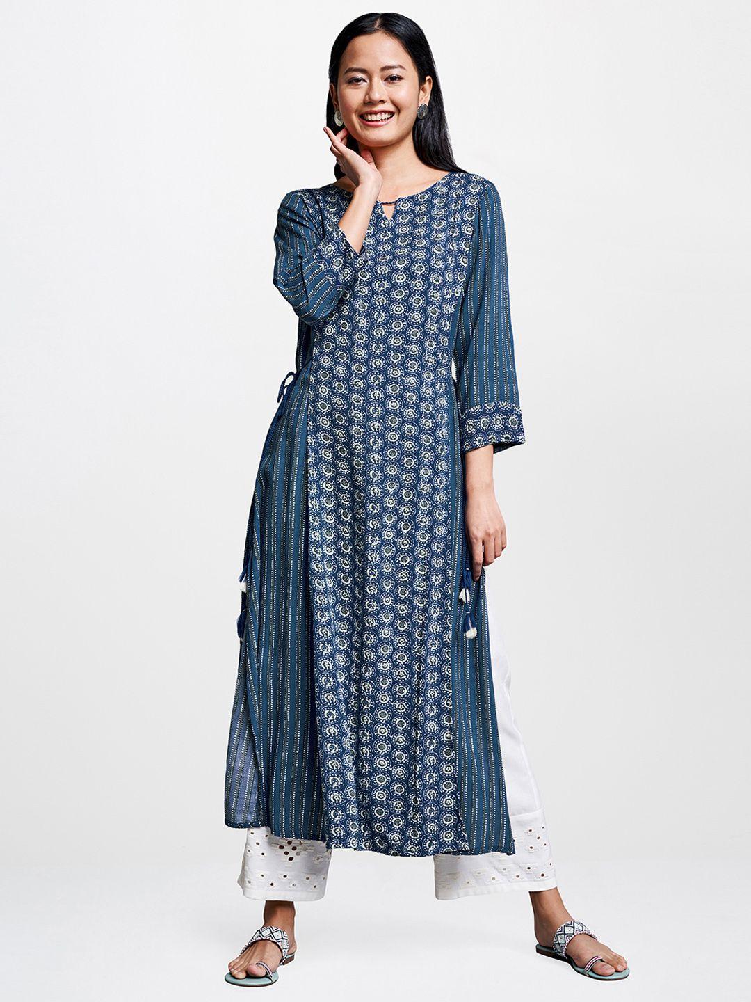 global desi women blue & beige printed a-line kurta