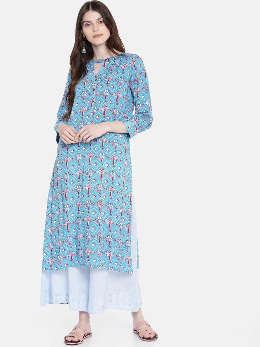 global desi women blue & pink printed straight kurta