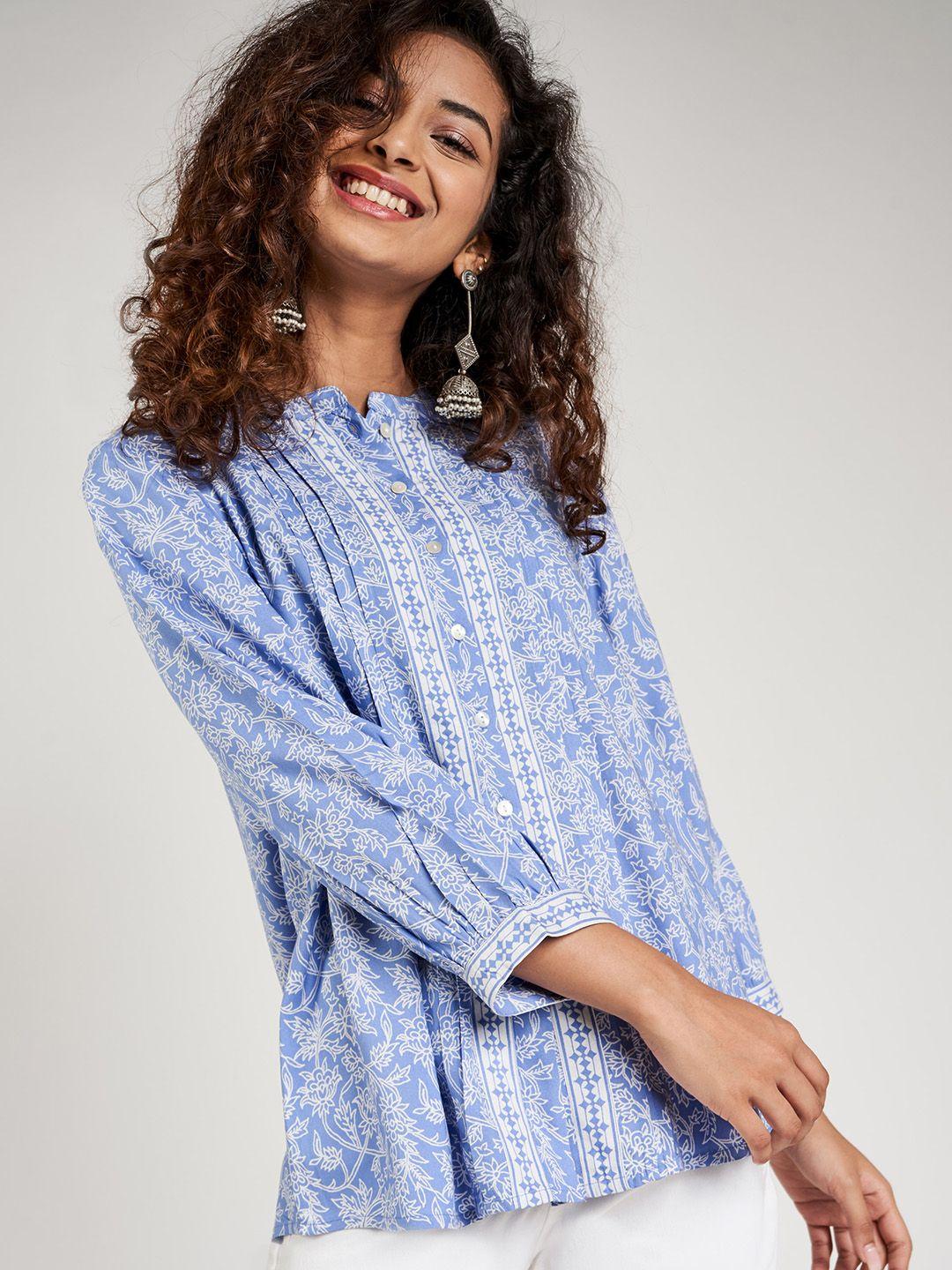 global desi women blue & white ecovero printed shirt style top