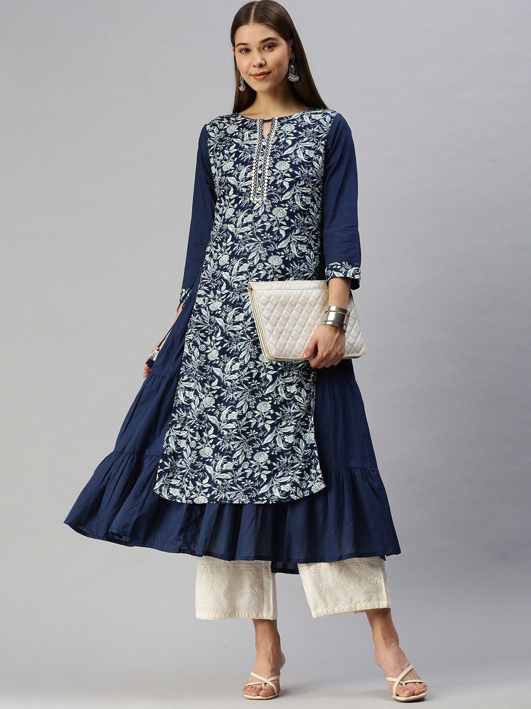 global desi women blue & white floral printed keyhole neck a-line kurta