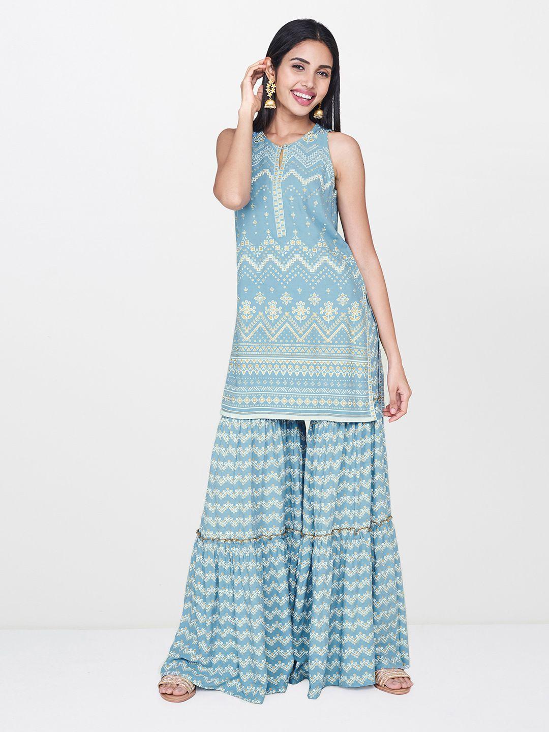 global desi women blue & white printed kurti with sharara