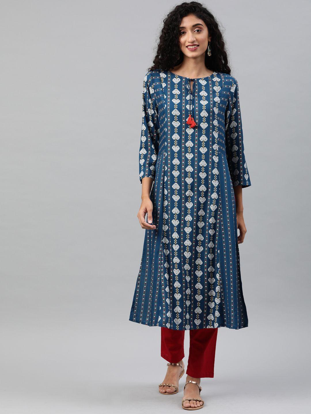 global desi women blue & white printed straight panelled kurta