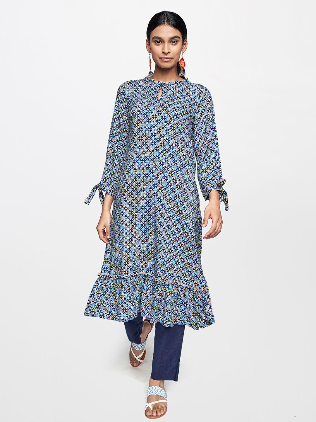 global desi women blue & yellow printed keyhole neck kurta