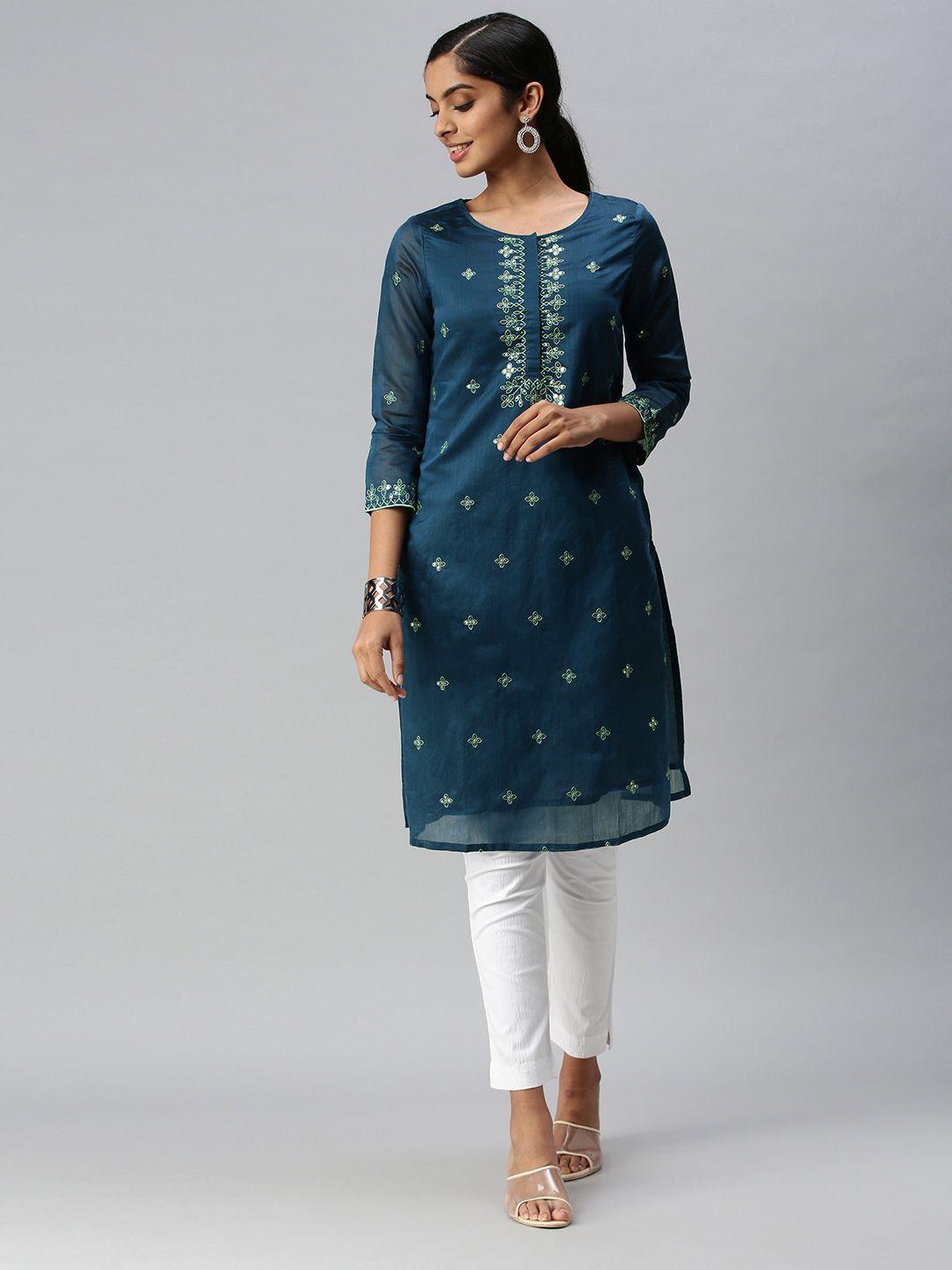 global desi women blue ethnic motifs embroidered kurta