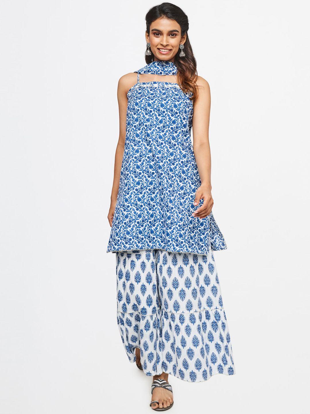 global desi women blue ethnic motifs printed pure cotton kurta with palazzos & with dupatta