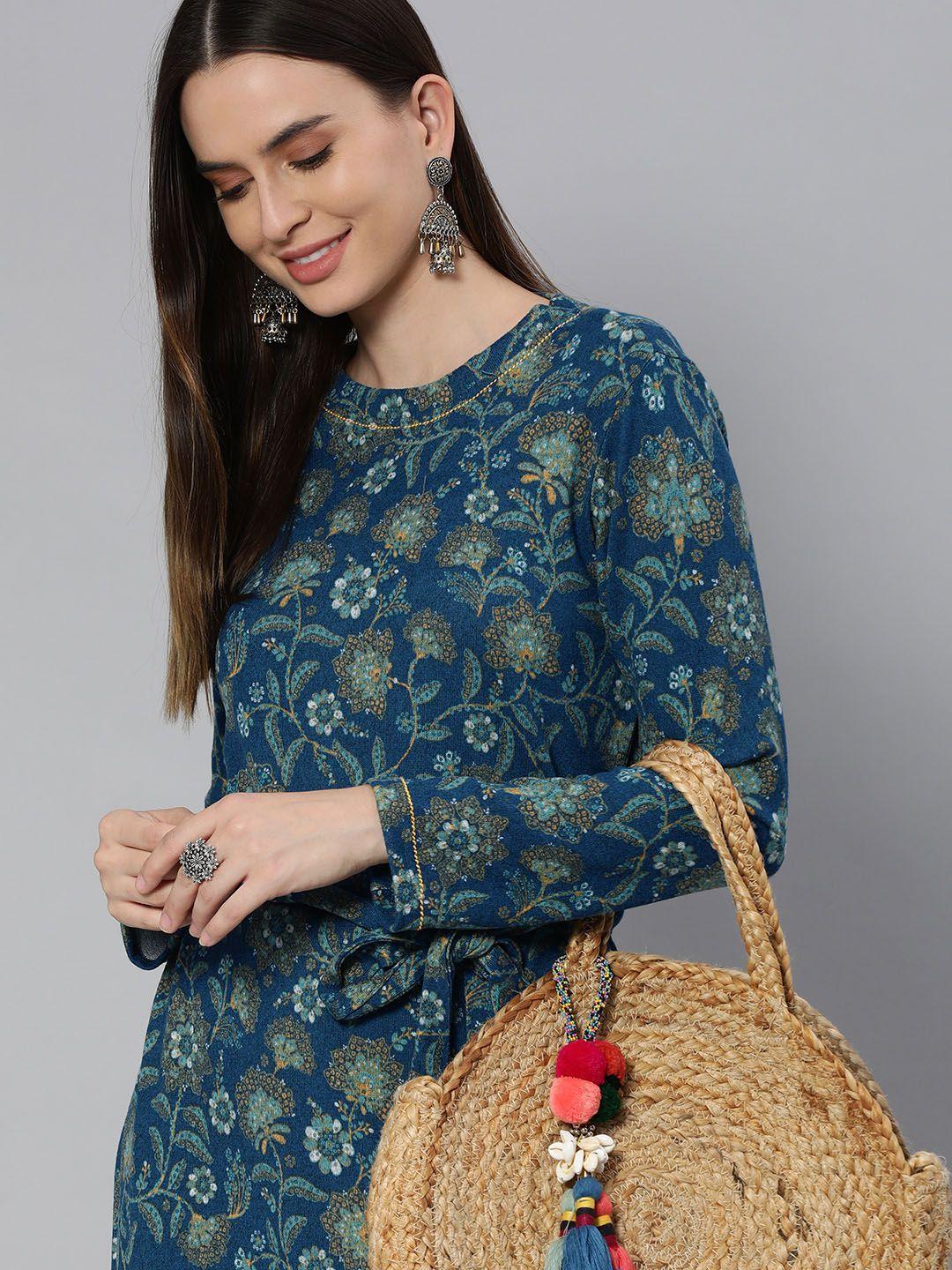 global desi women blue ethnic motifs printed straight kurta