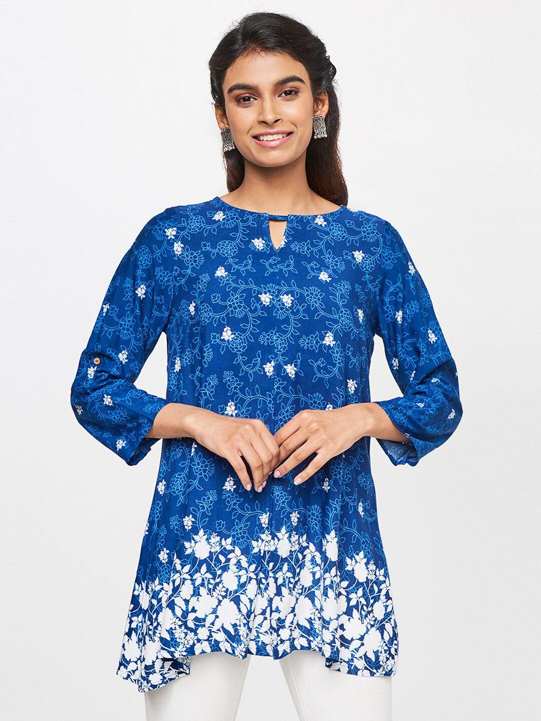 global desi women blue flared  printed floral top