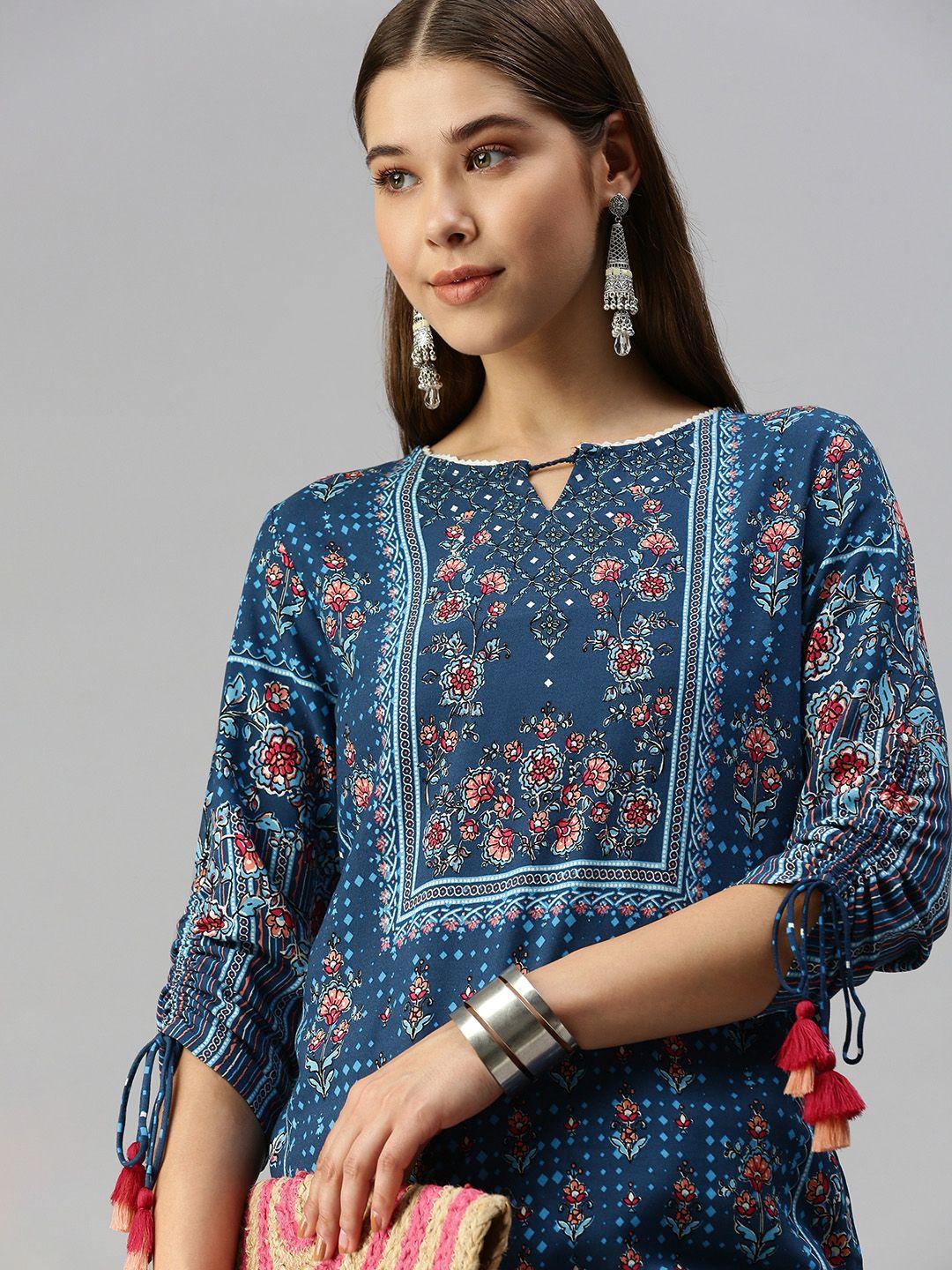 global desi women blue floral print keyhole neck top