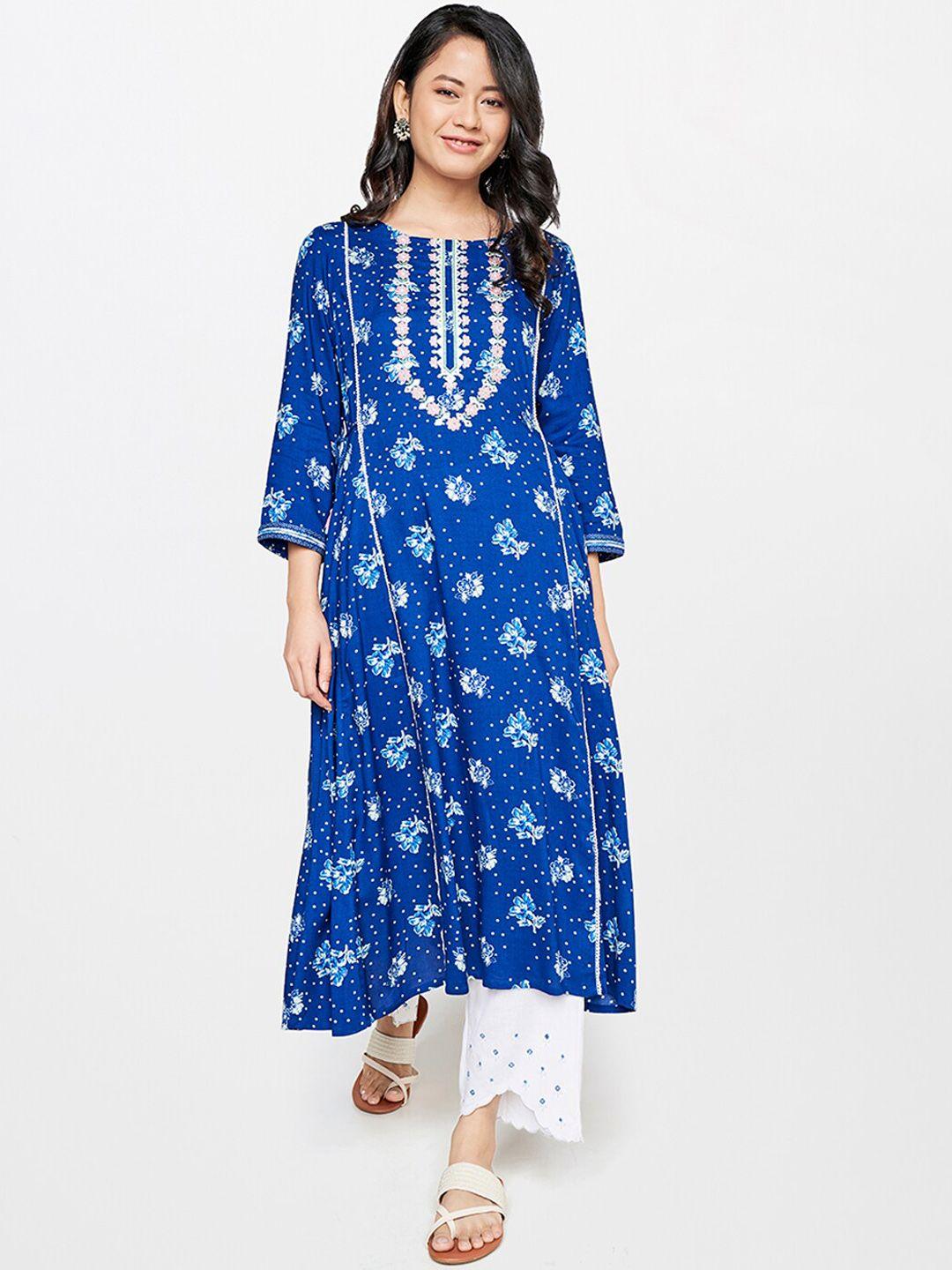 global desi women blue floral yoke design thread work kurta