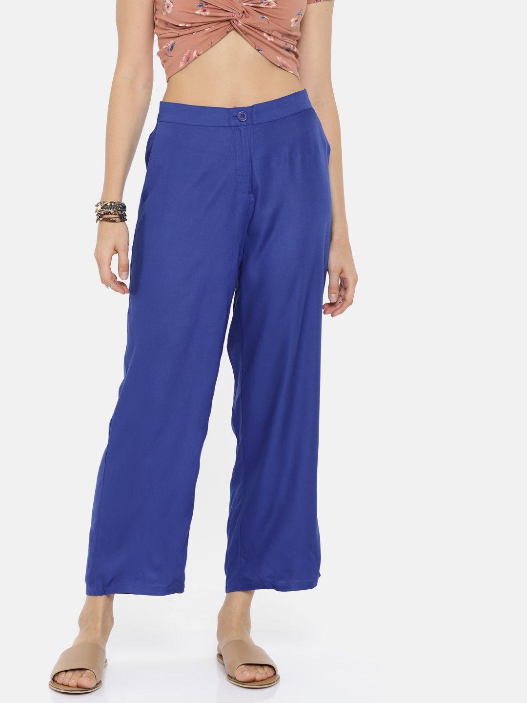 global desi women blue straight fit solid parallel trousers
