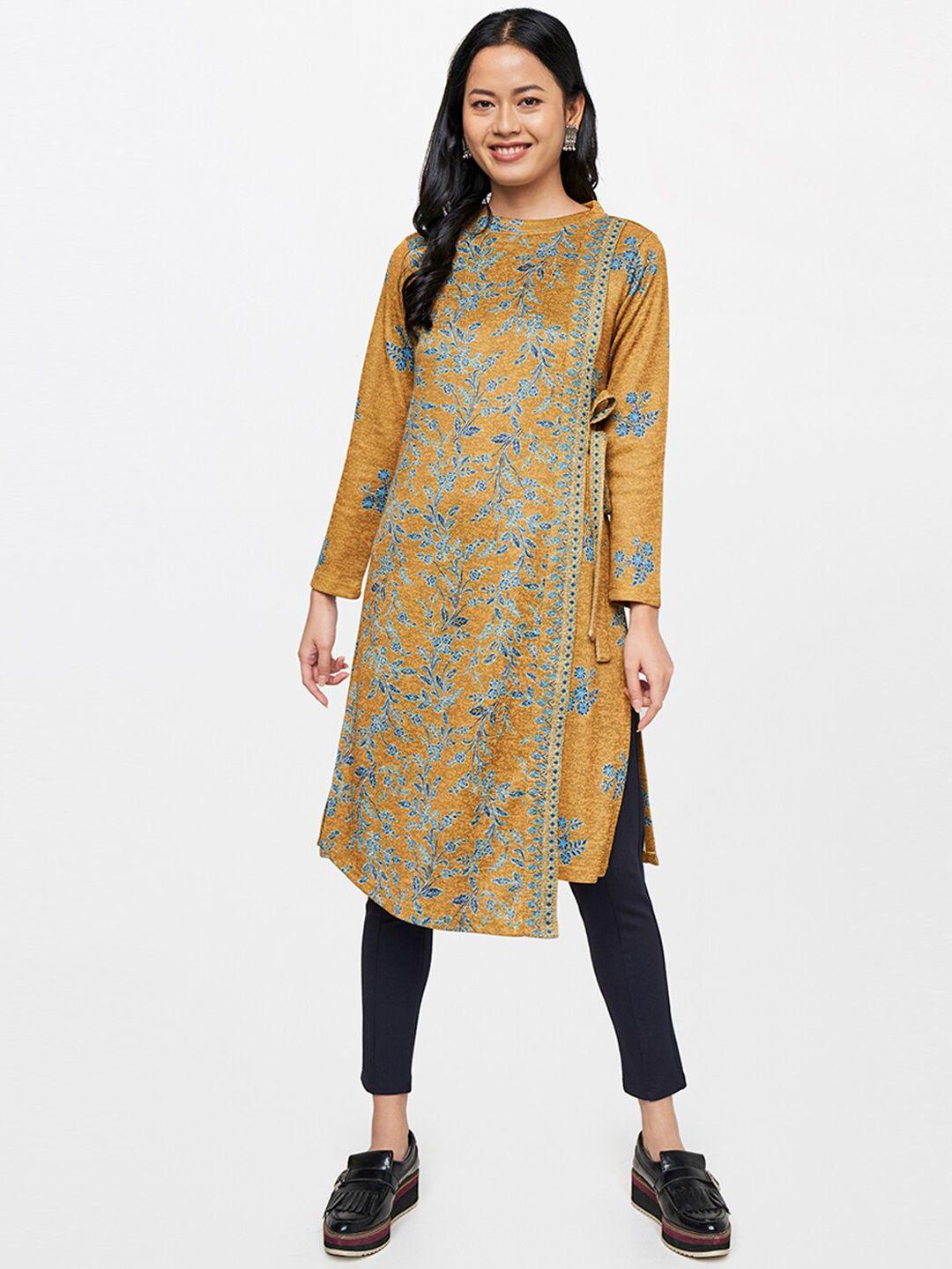 global desi women brown & blue floral printed kurta