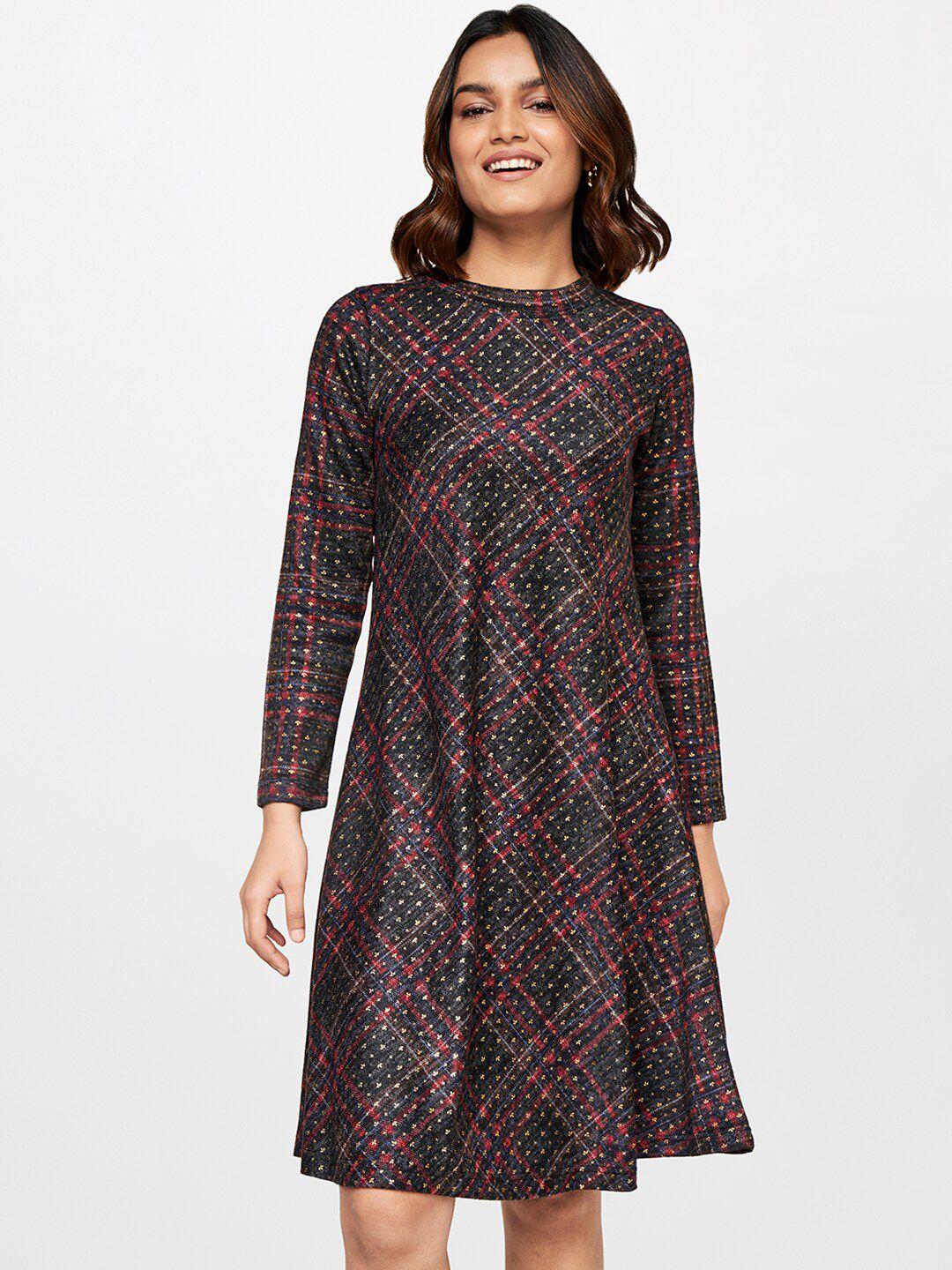 global desi women charcoal & pink checked high neck a-line dress