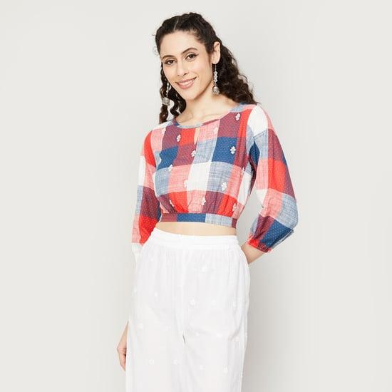 global desi women checked round neck crop top