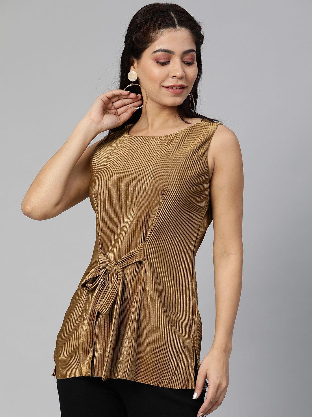 global desi women copper-toned solid accordion pleated top with waist tie-up