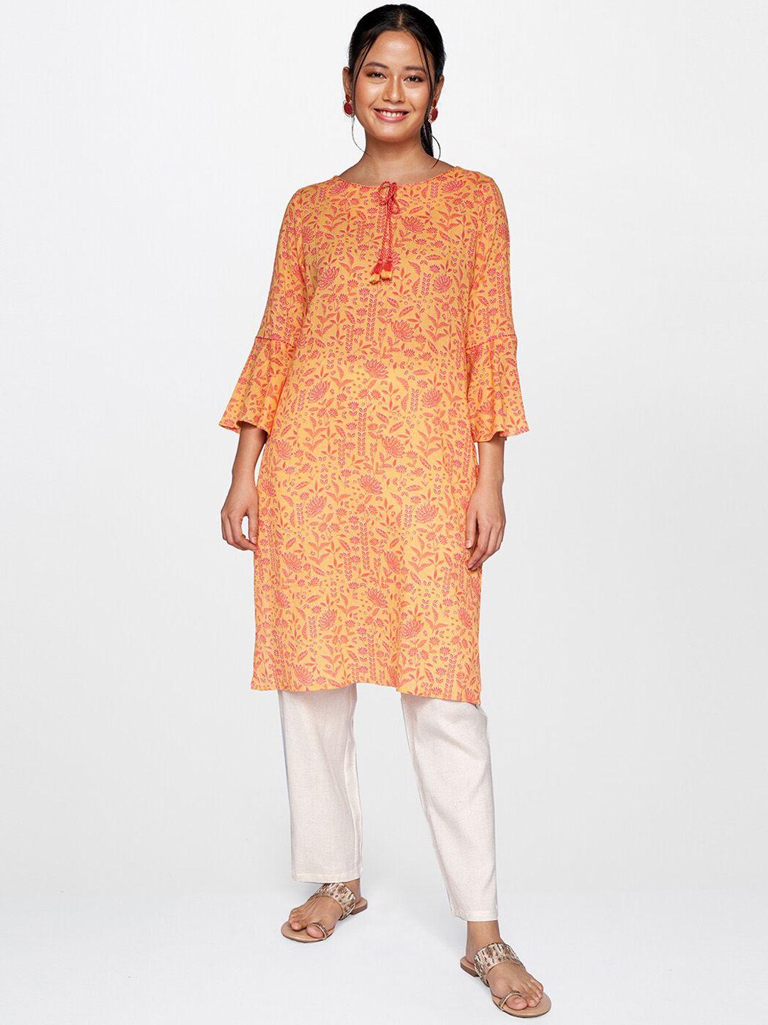 global desi women coral ethnic motifs flared sleeves thread work kurta 100% cotton