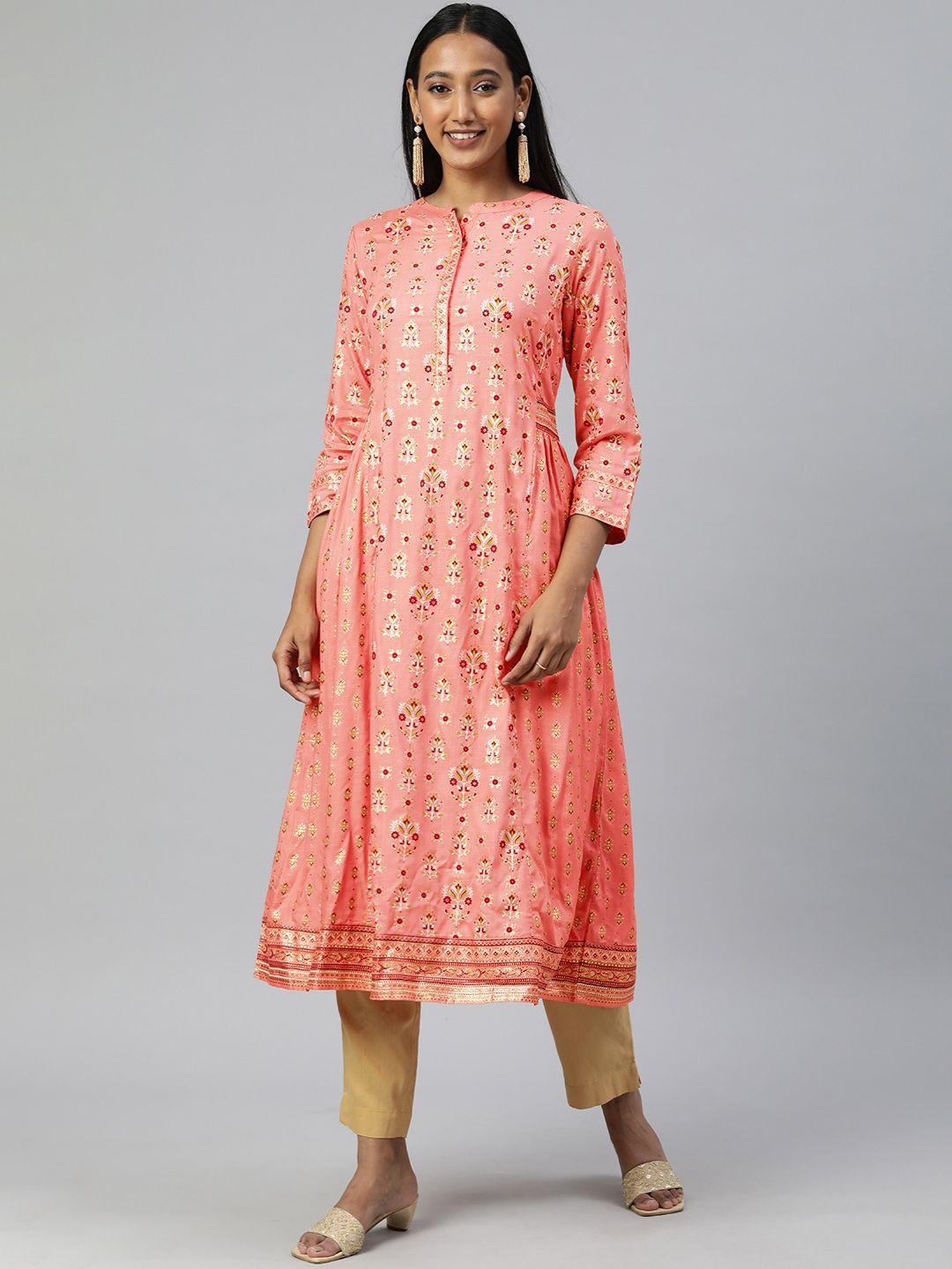 global desi women coral floral embroidered thread work a-line flared kurta