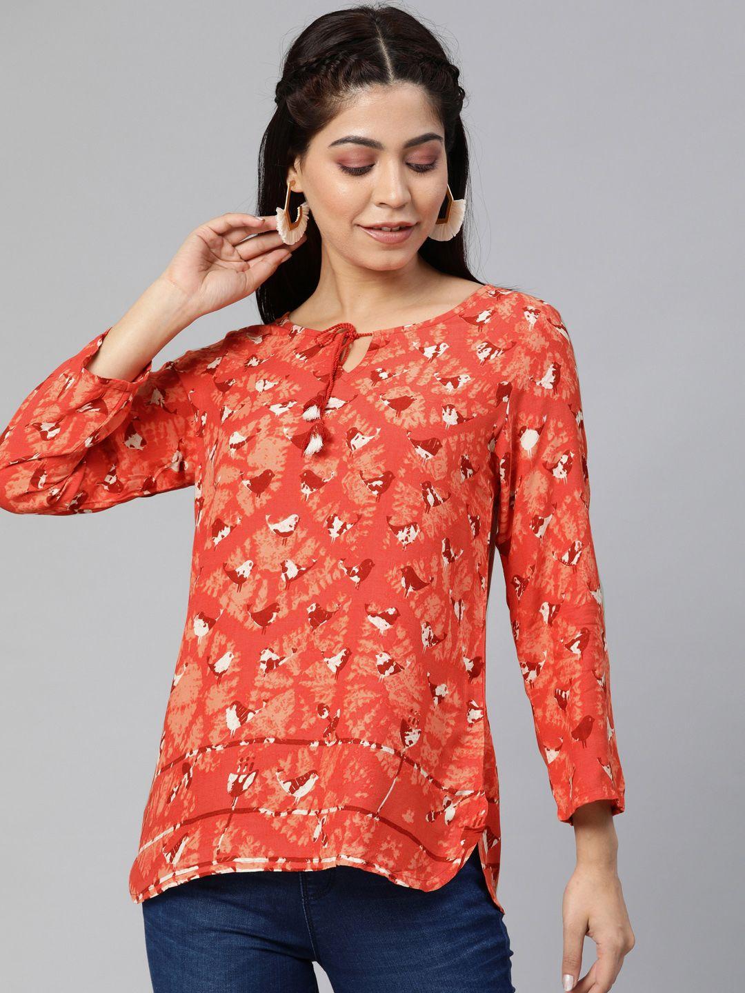 global desi women coral orange & white printed top