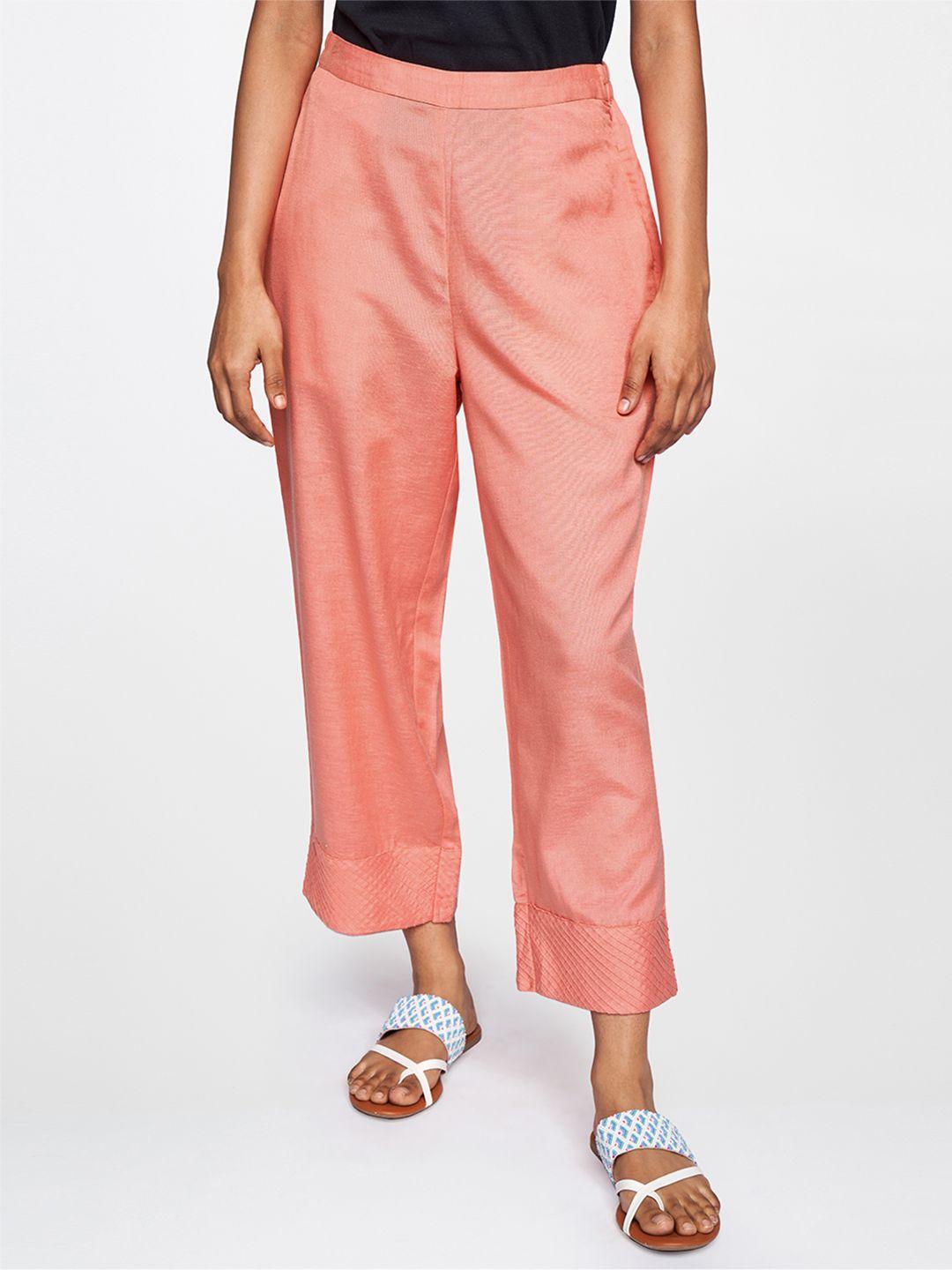 global desi women coral orange tapered fit trousers