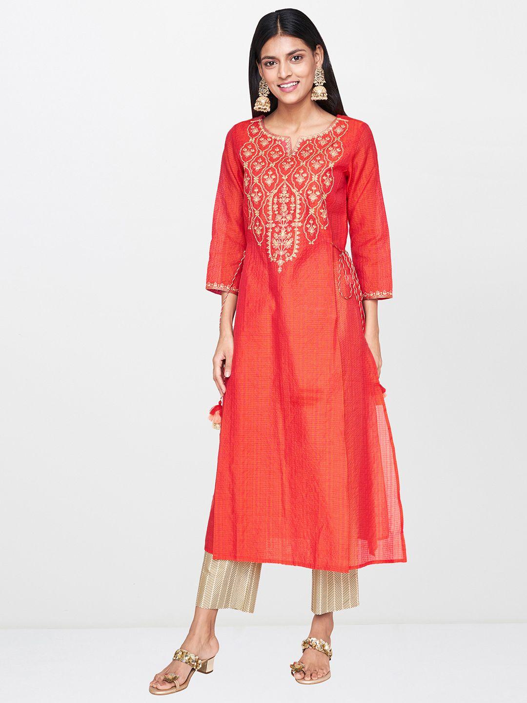 global desi women coral pink yoke design a-line kurta