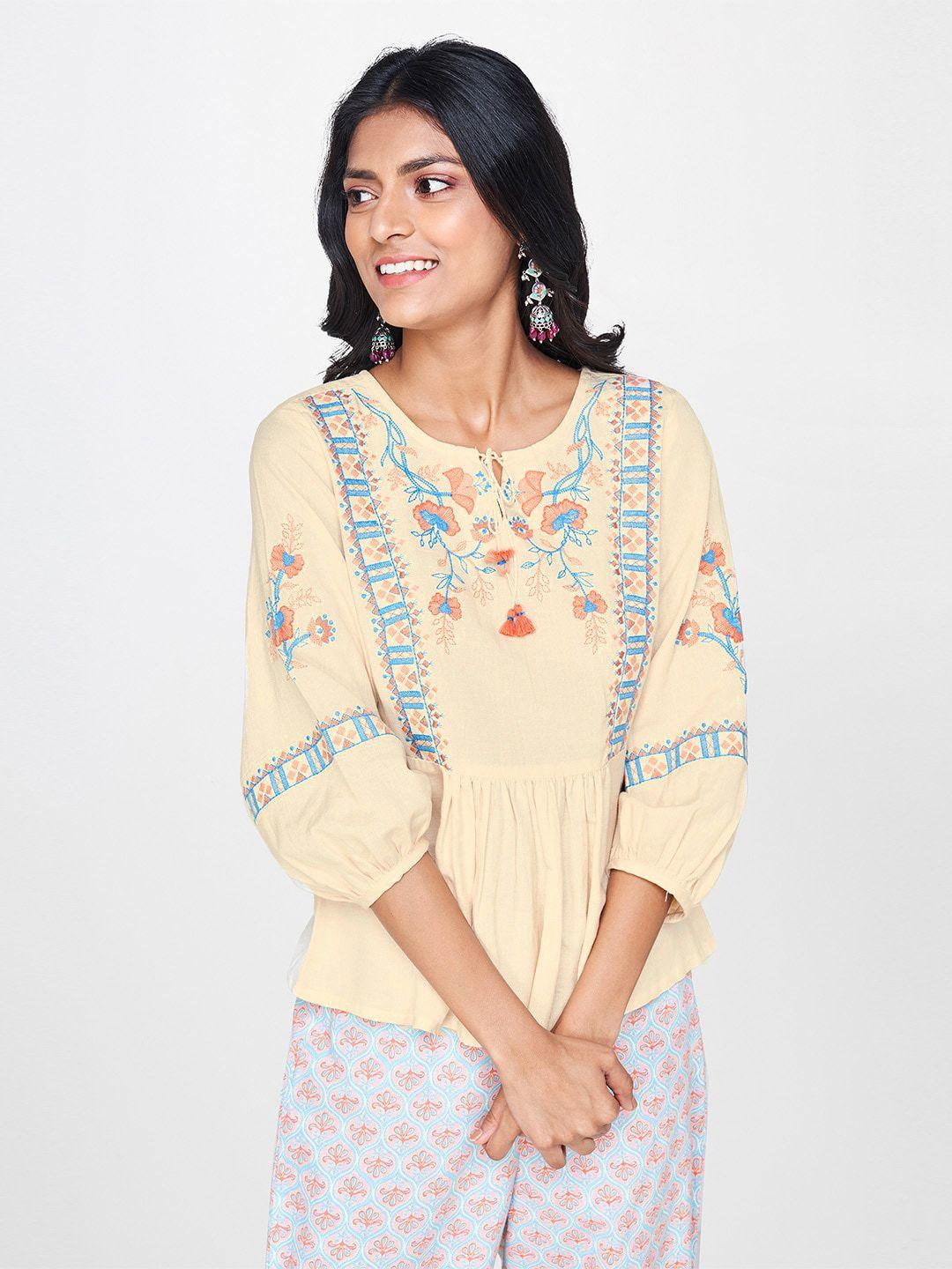 global desi women cream-coloured embroidered puff sleeve a-line top