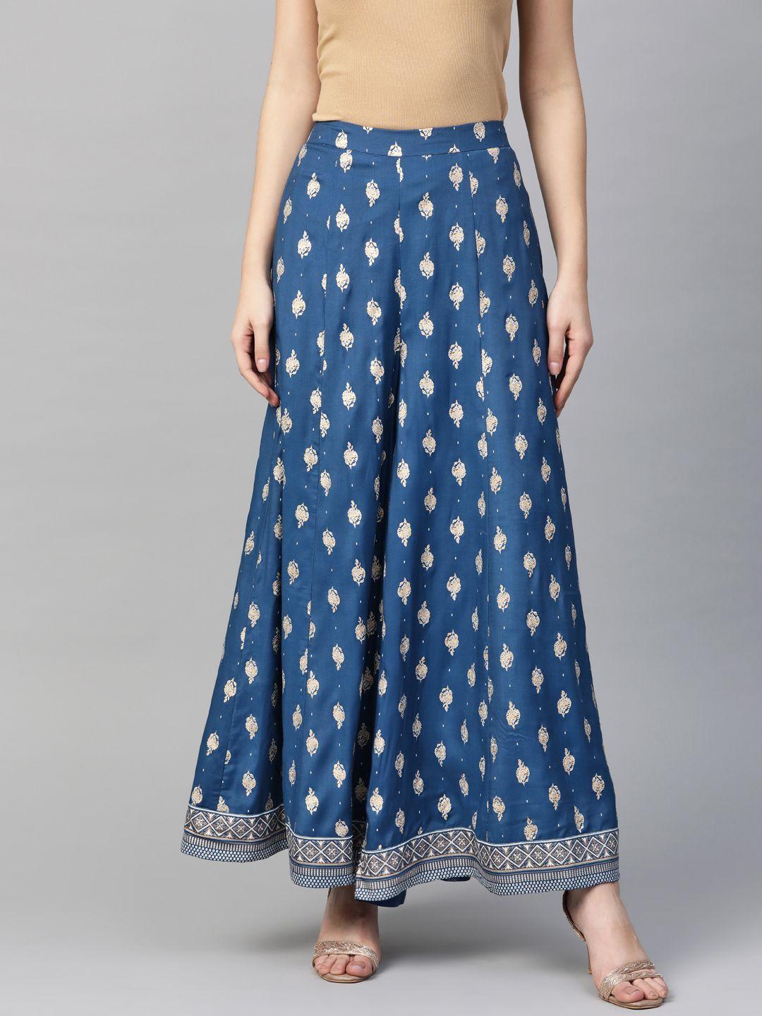 global desi women ecovero navy blue & golden printed wide leg palazzos