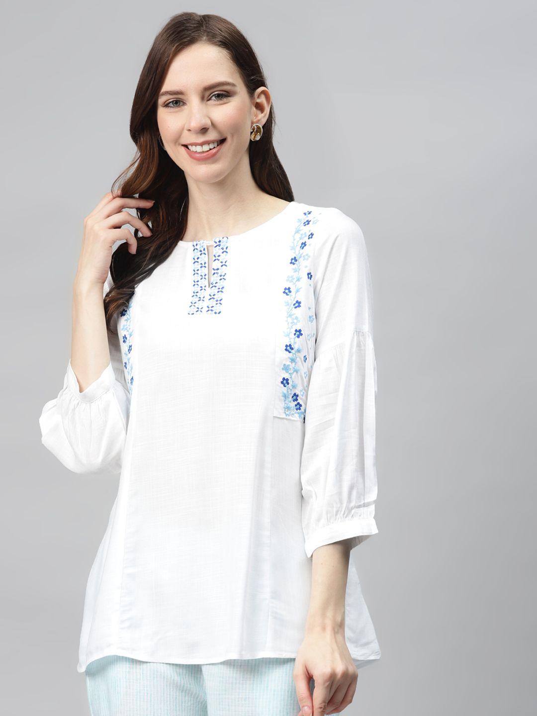 global desi women ecovero white & blue solid a-line top