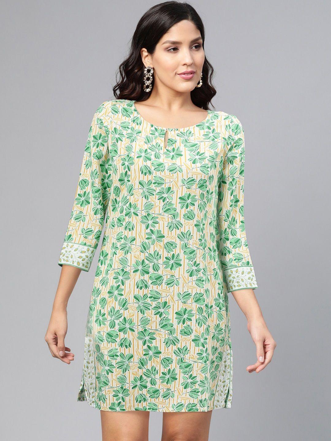 global desi women ecovero yellow & green printed a-line dress