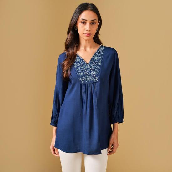 global desi women embroidered surplice neck top