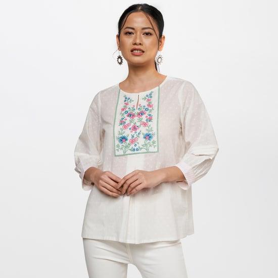 global desi women floral embroidered three-quarter sleeves tunic