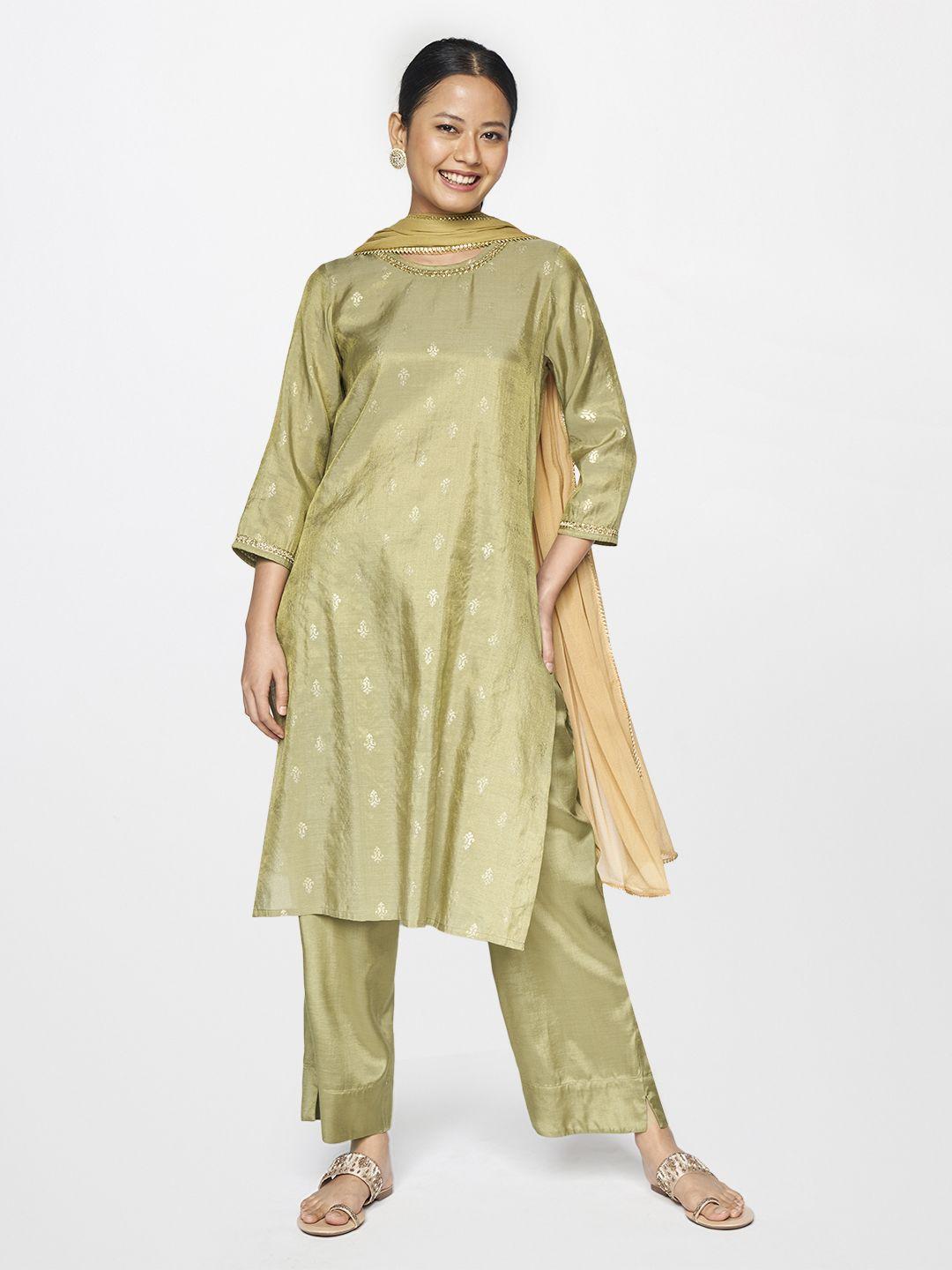 global desi women green & gold-toned woven design straight kurta