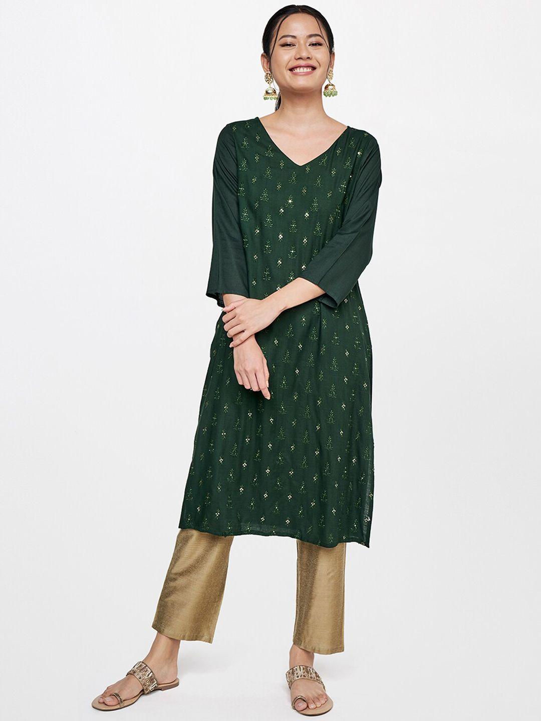 global desi women green ethnic motifs embroidered flared sleeves kurta