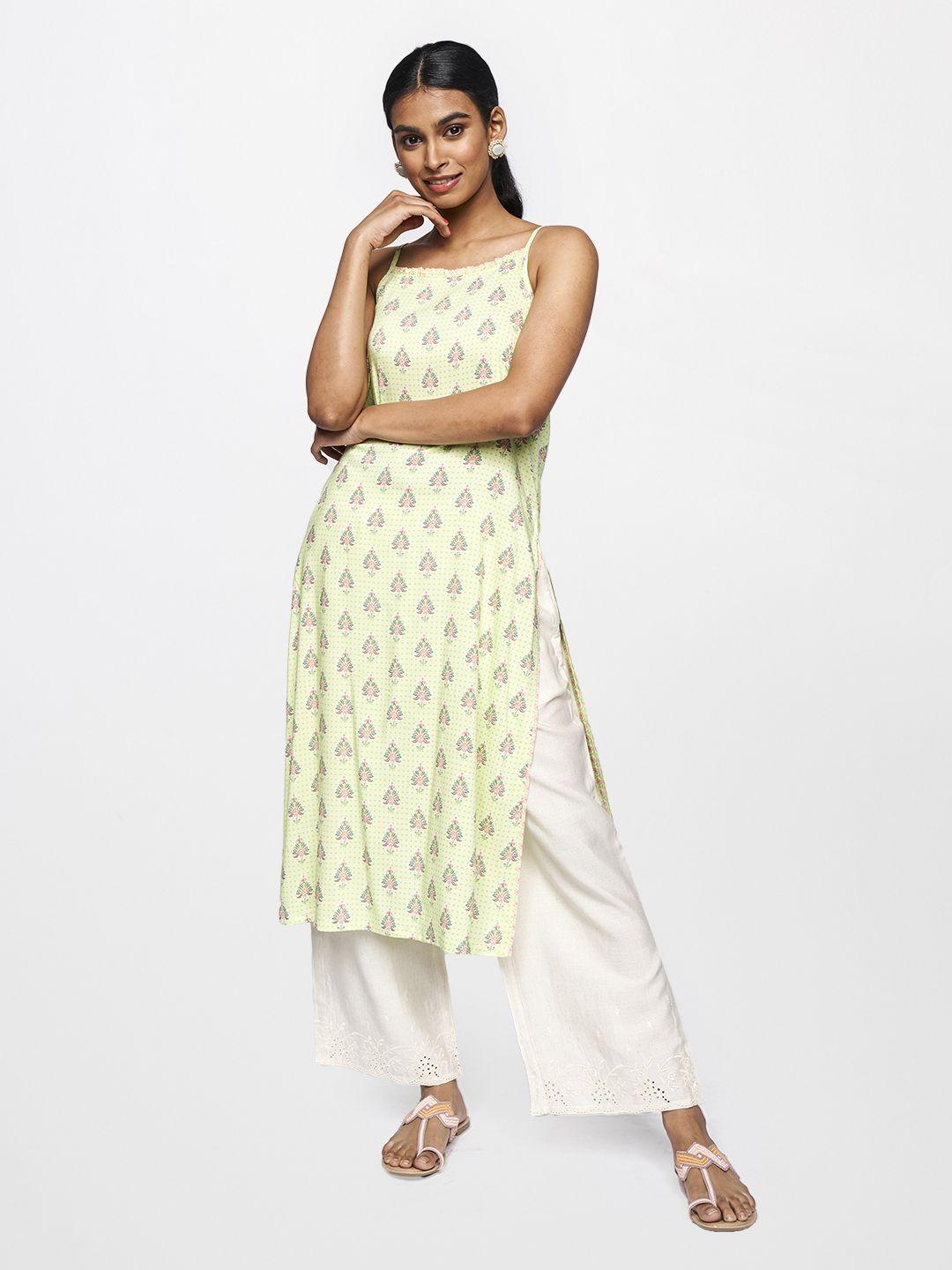 global desi women green ethnic motifs printed straight kurta