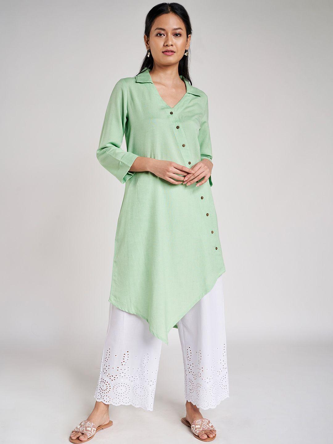 global desi women green solid ecovero asymmetric tunic