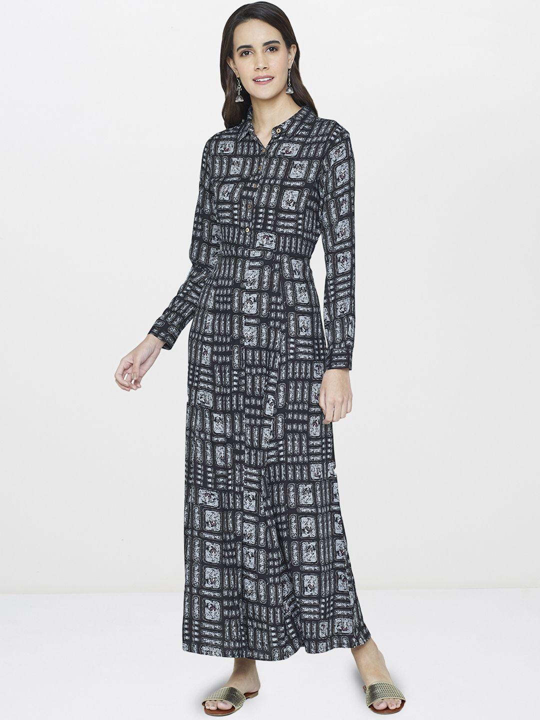 global desi women grey & black printed a-line maxi dress