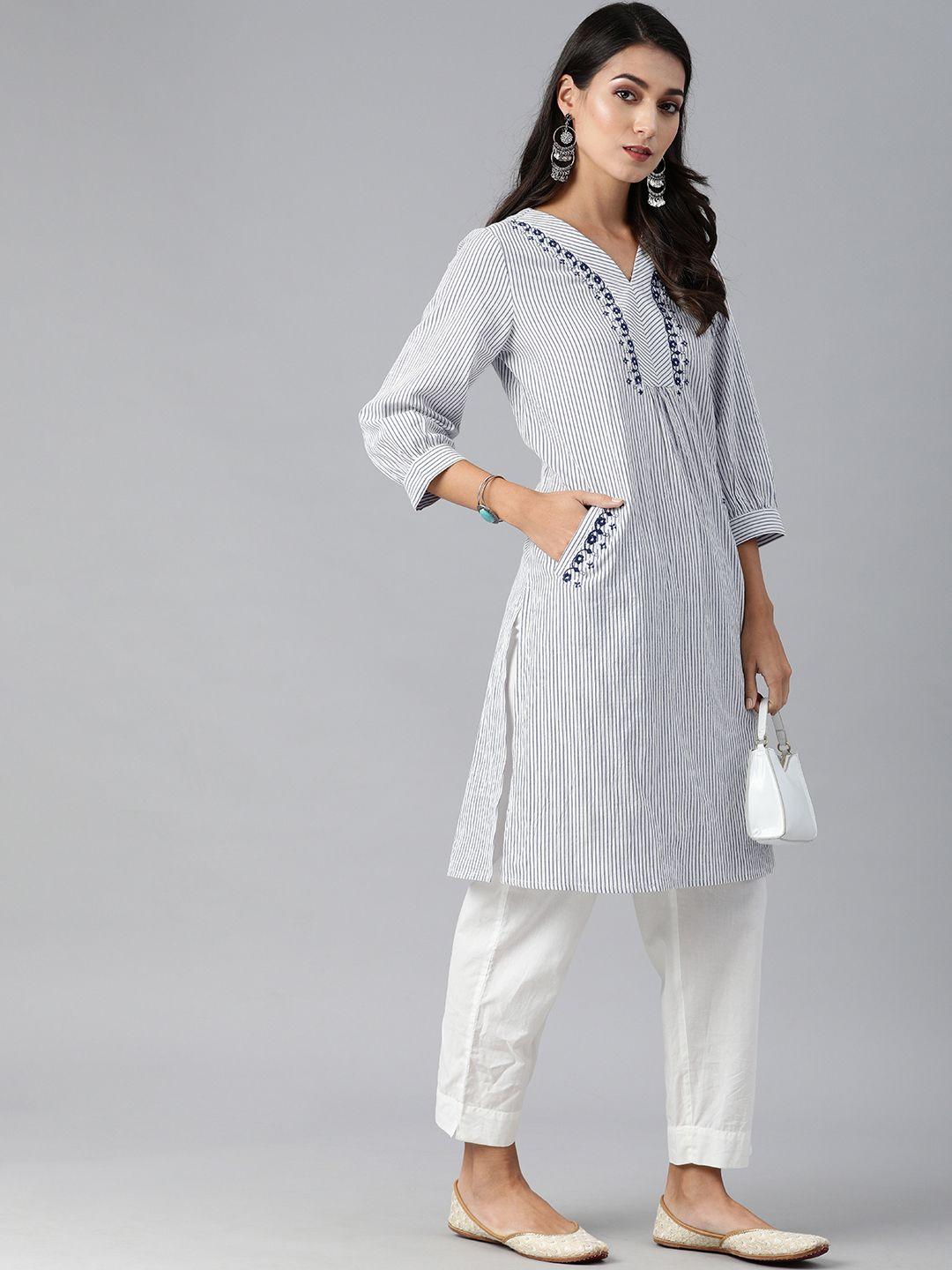 global desi women grey & blue floral embroidered thread work kurta