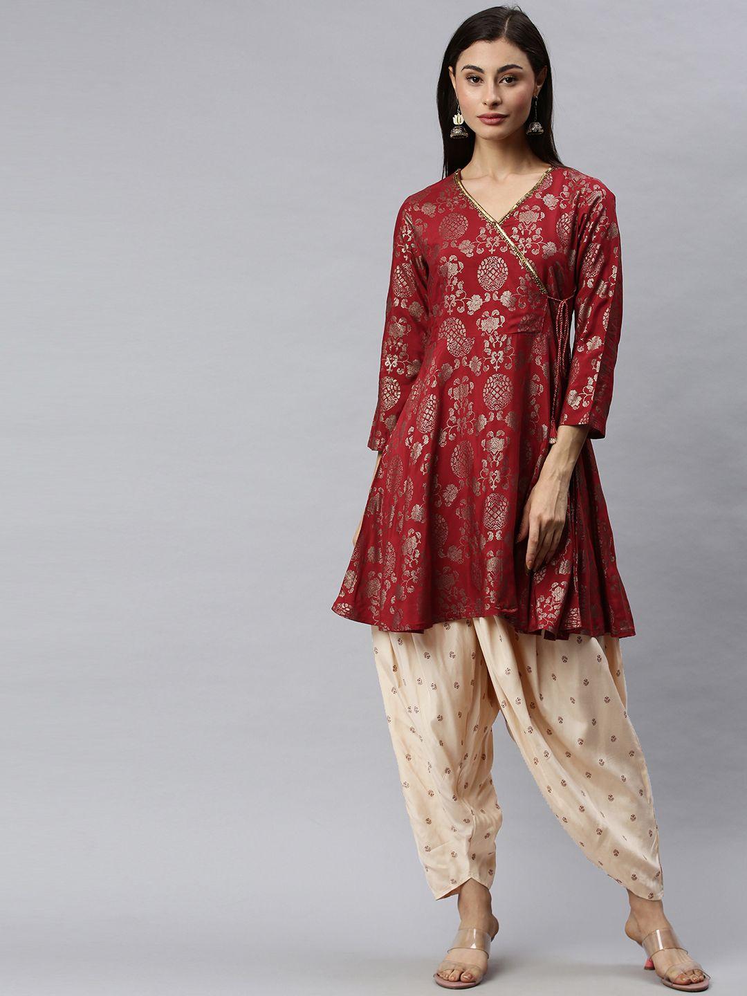 global desi women maroon & & beige printed kurta with dhoti pants