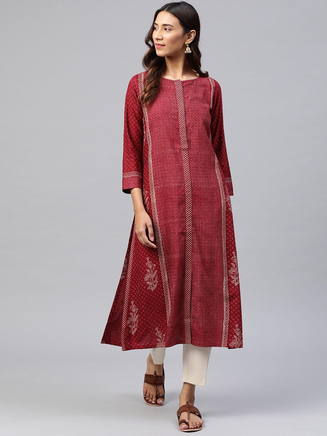 global desi women maroon & beige ethnic motifs printed ecovero kurta