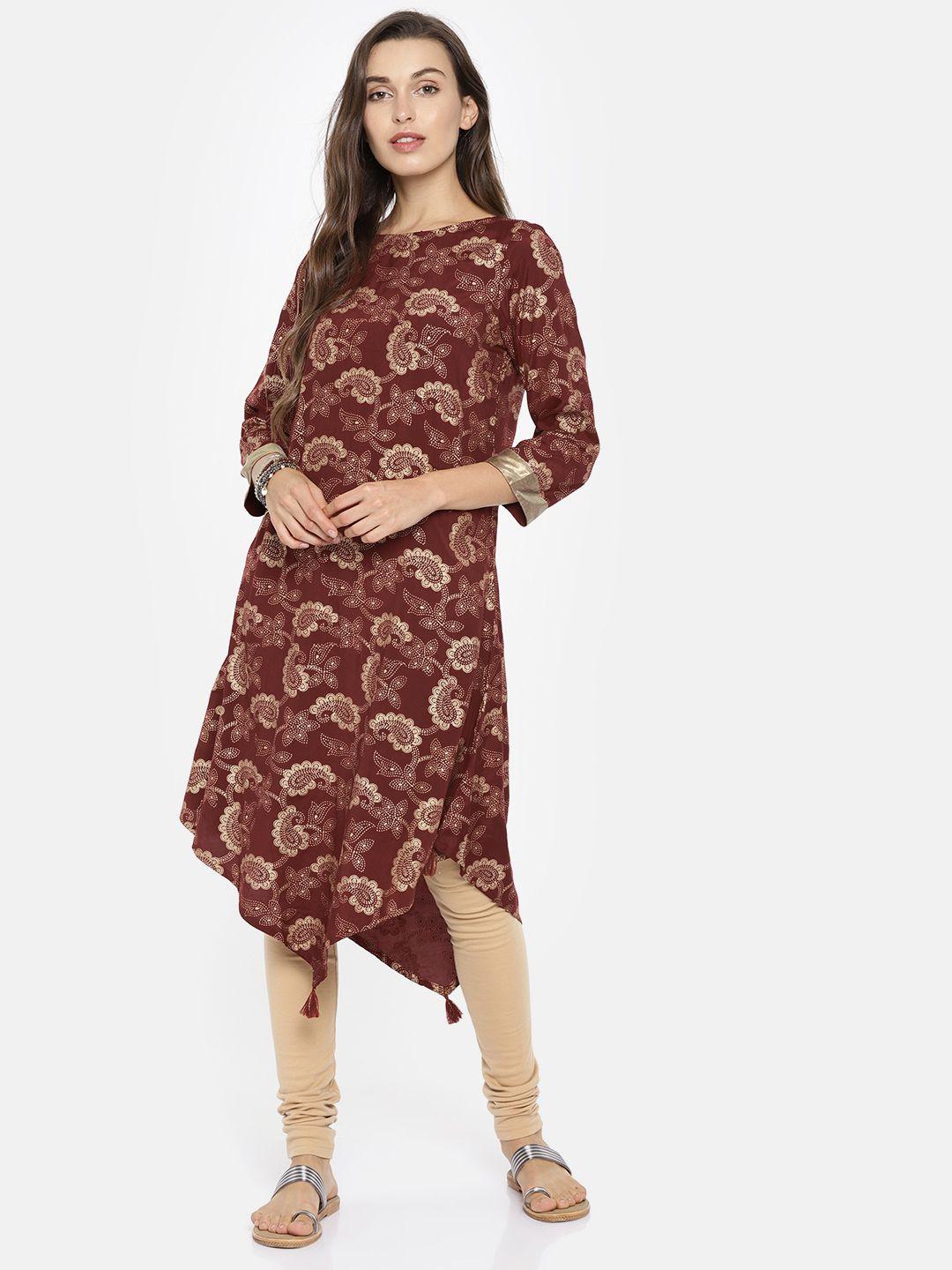 global desi women maroon & gold-toned ethnic foil printed asymmetric a-line kurta