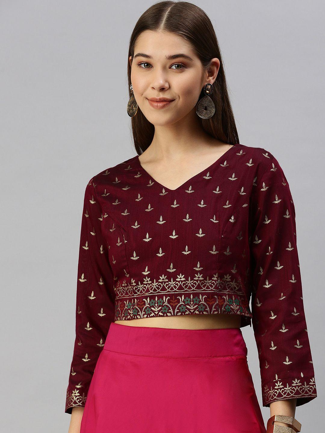 global desi women maroon & gold-toned printed crop top