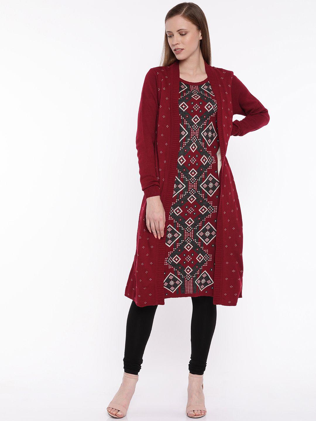 global desi women maroon & grey woven design a-line sweater kurta