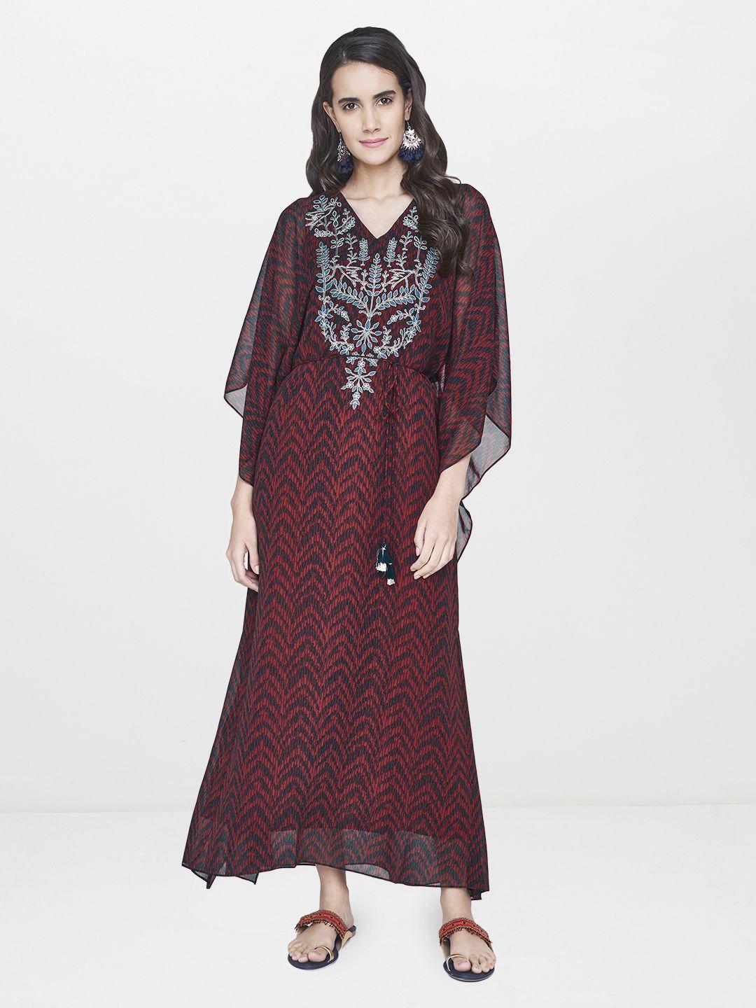 global desi women maroon & navy blue embroidered kimono sleeved maxi dress with tie-ups