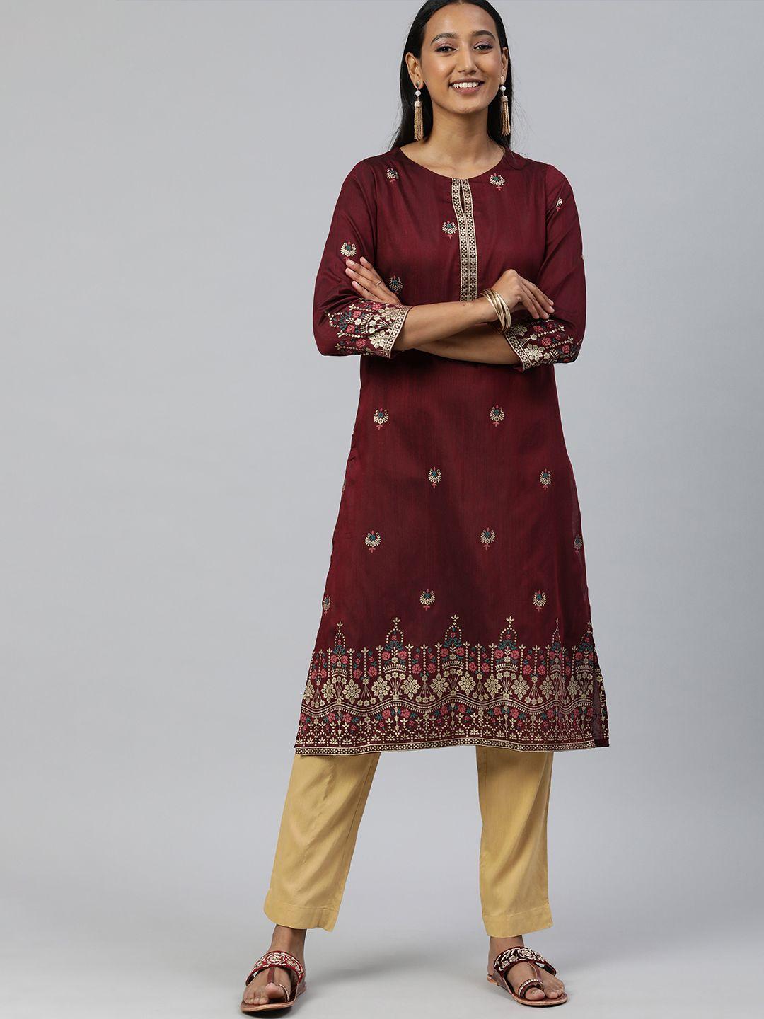 global desi women maroon ethnic motifs printed keyhole neck straight kurta