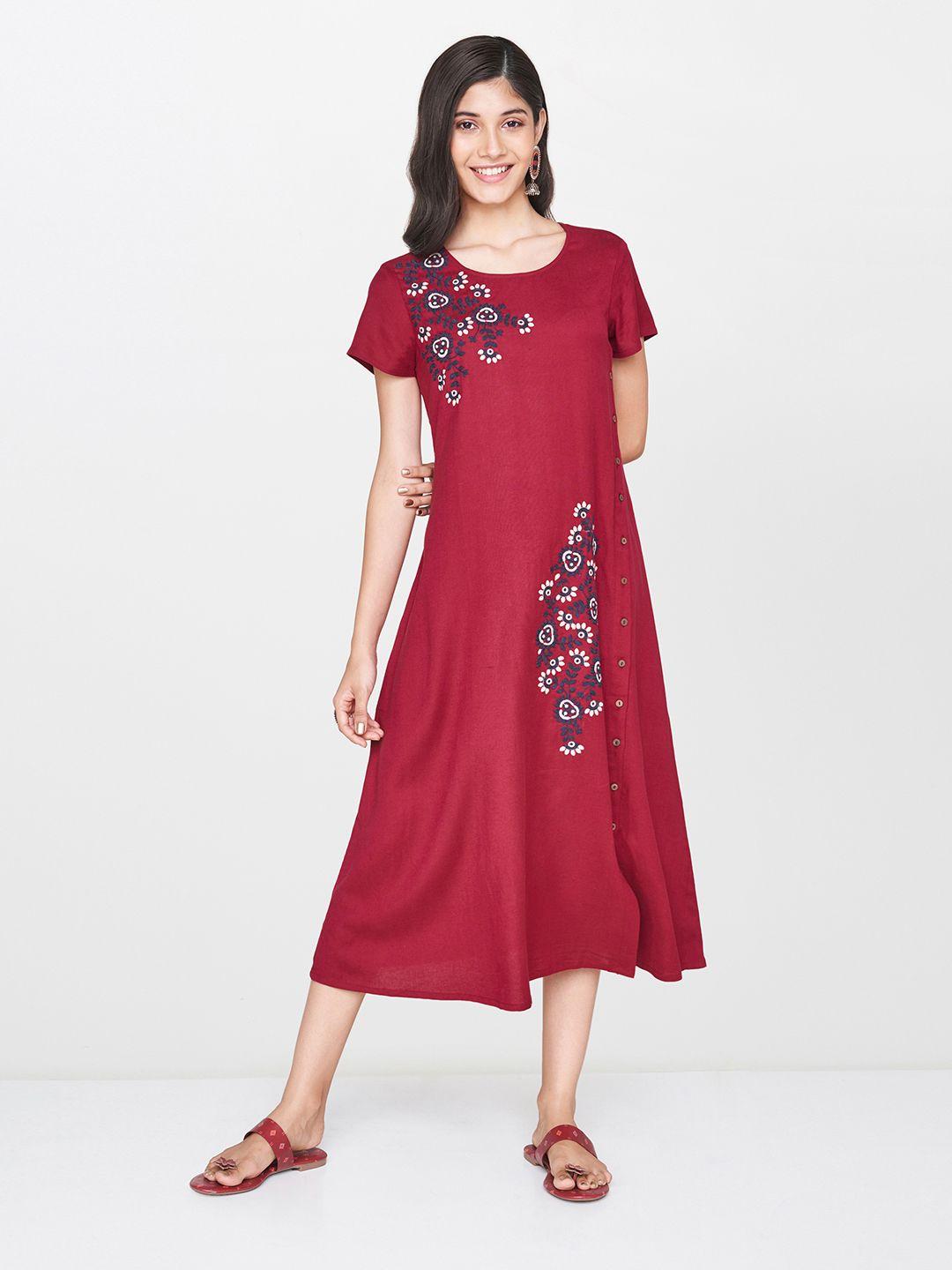 global desi women maroon floral embroidered a-line dress