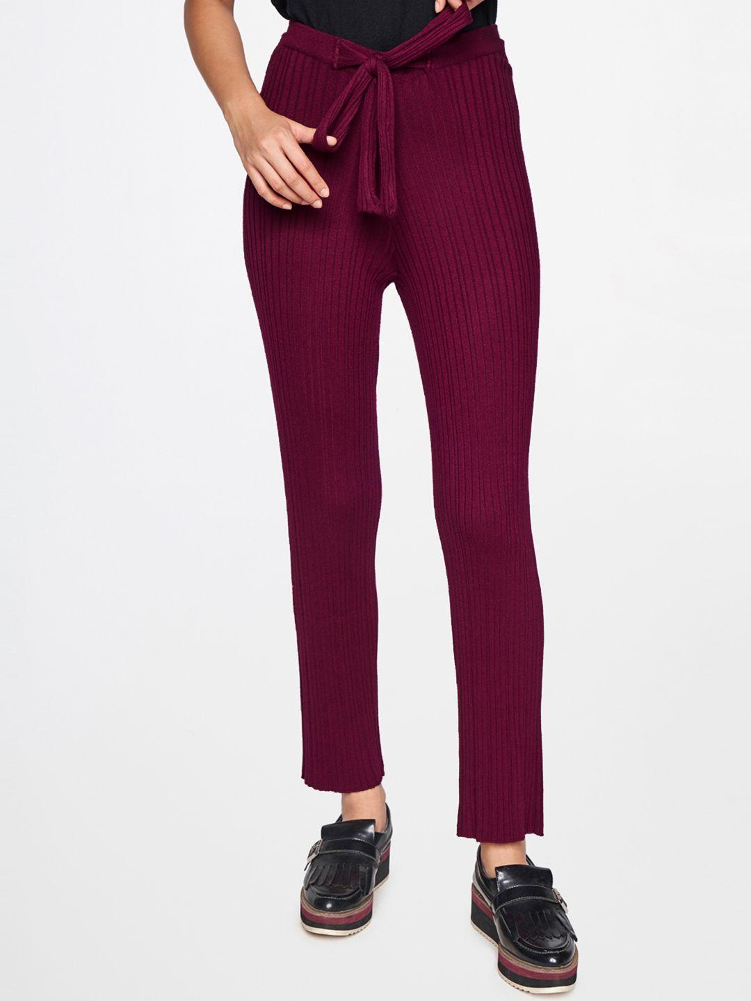 global desi women maroon ribbed regular fit trousers