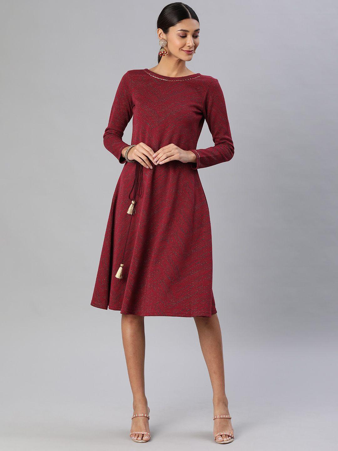 global desi women maroon self design fit and flare dress