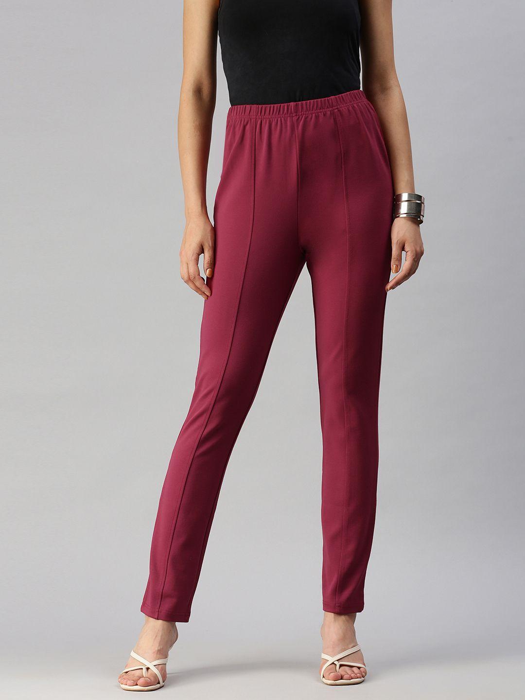 global desi women maroon solid tapered fit cigarette trousers