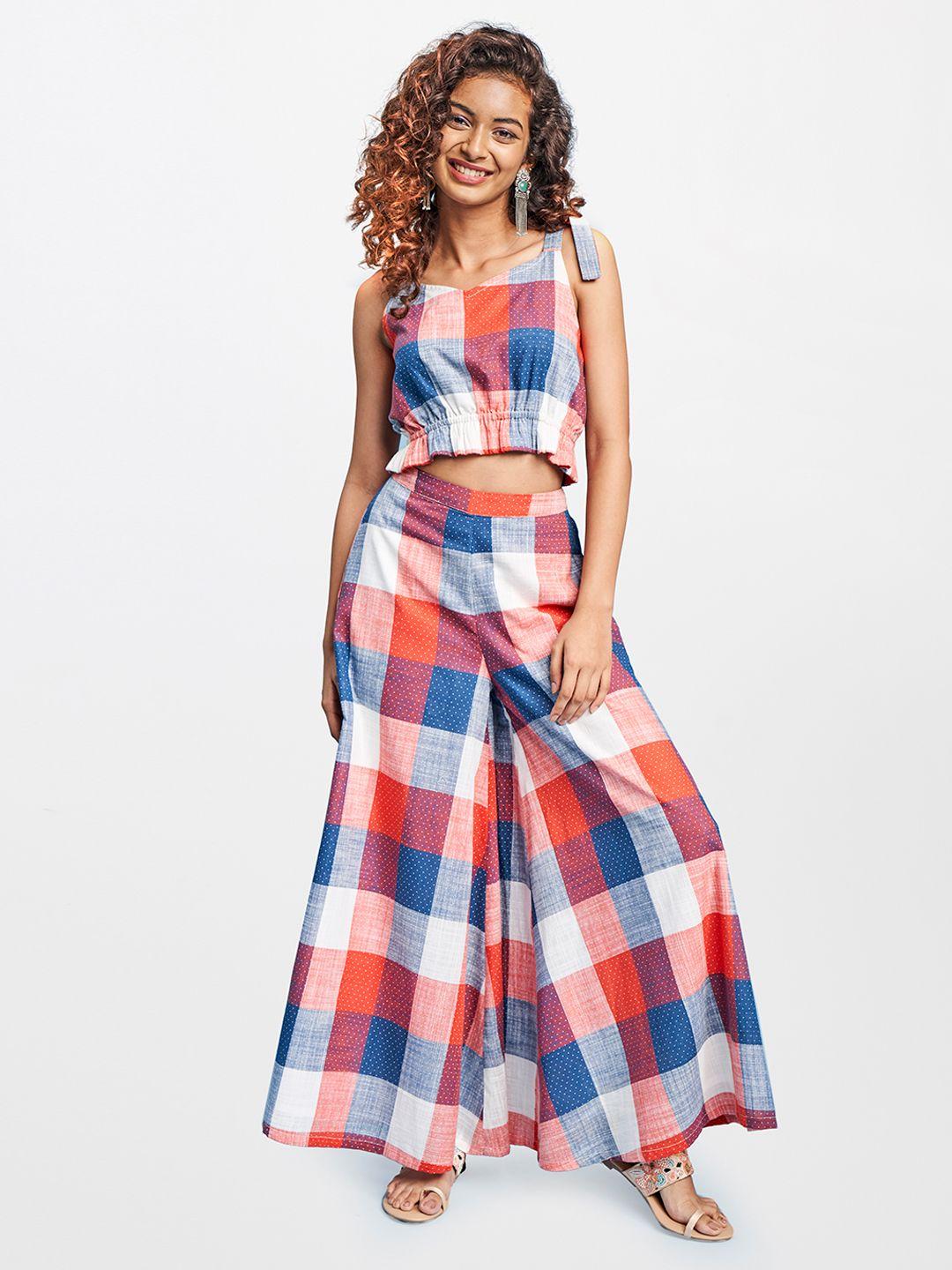 global desi women multicoloured checked crop top with palazzos