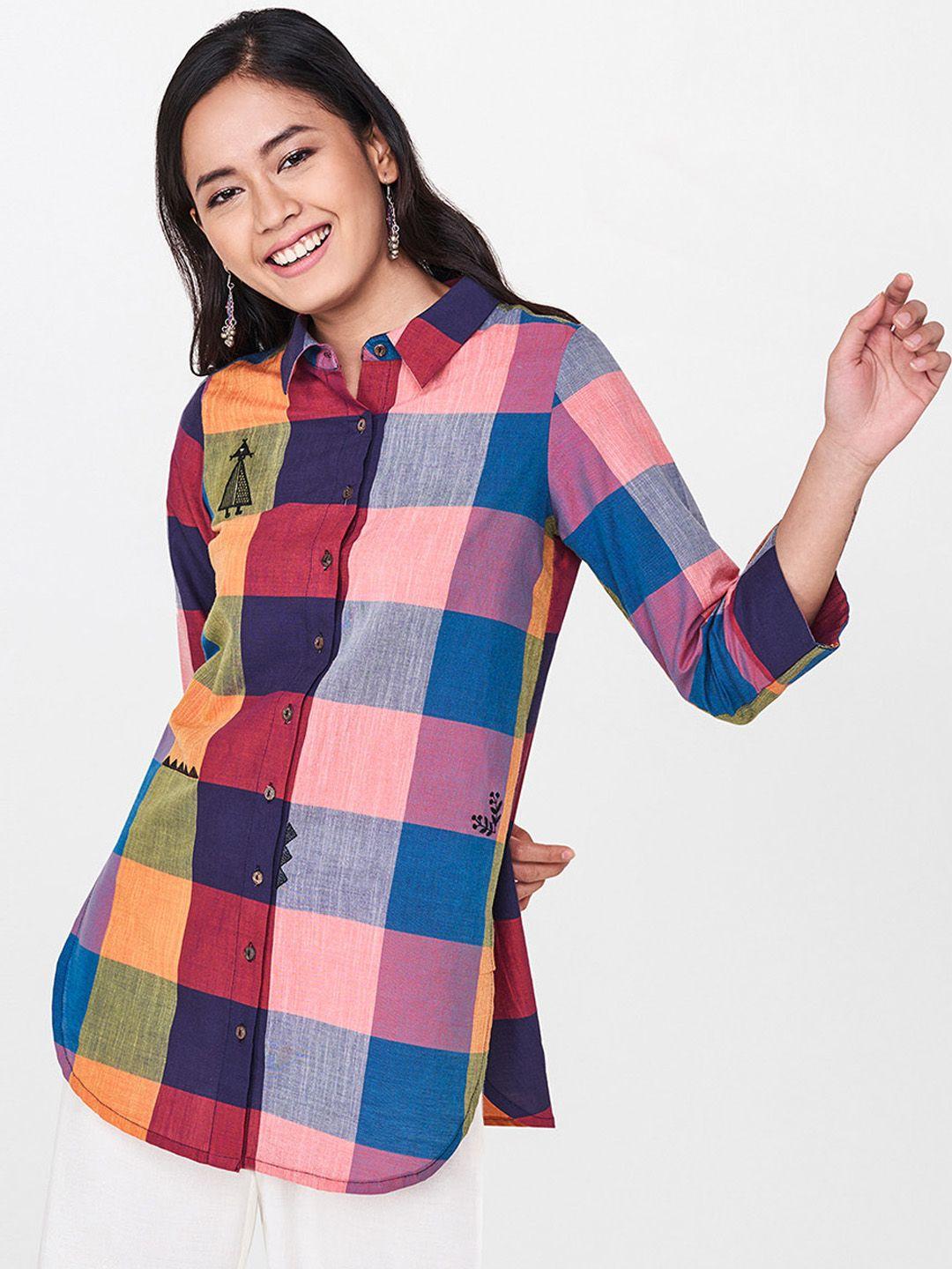 global desi women multicoloured checked shirt style top